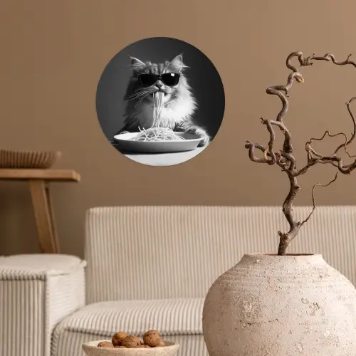 Langharige kat - Zonnebril - Spaghetti - Humor - Zwart - wit Wandcirkel behangsticker klein -sfeer1