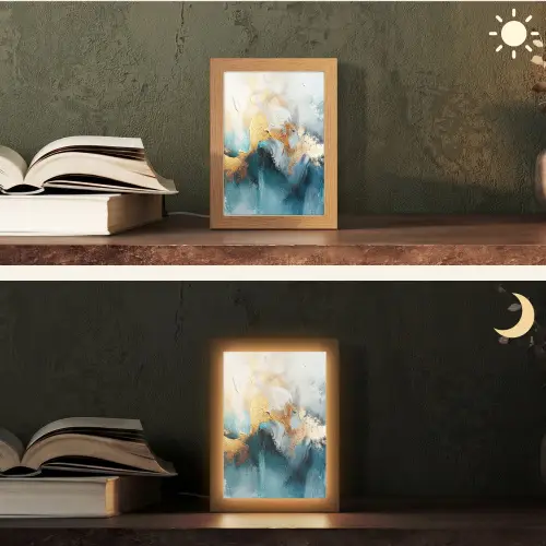 Abstract - Kunst - Gold - Blauw Light Box met kabel (Tafellamp) klein -sfeer3