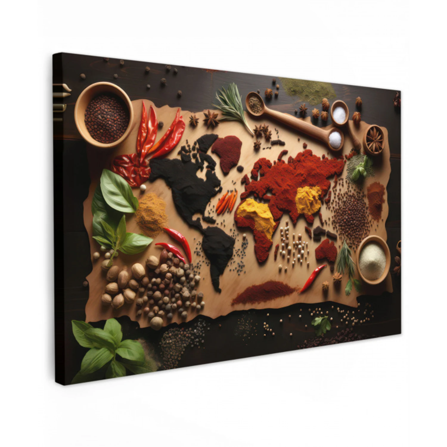 Kruiden - Specerijen - Wereldkaart - Bruin - Lepel - Kleurrijk canvas 2cm klein -z3d