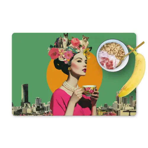 Retro - Vrouw - Stad - Zon Placemat vinyl groot -zzzproduct_Kitchenyeah-website
