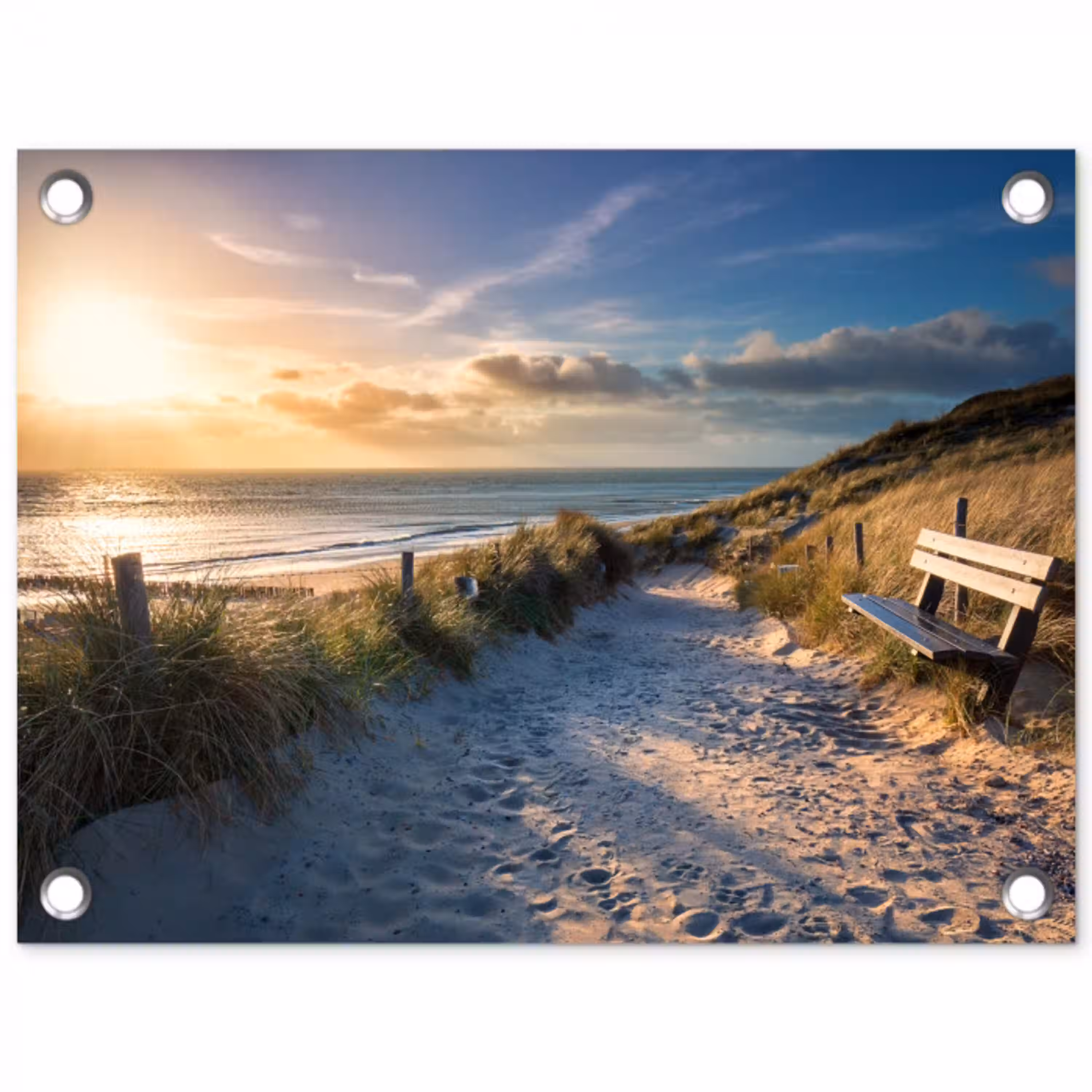 Zonsondergang - Strand - Duin - Gras - Bank tuinposter los doek klein -3d