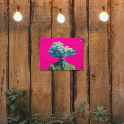 Man - Pak - Wolk - Roze tuinposter los doek klein -sfeer1