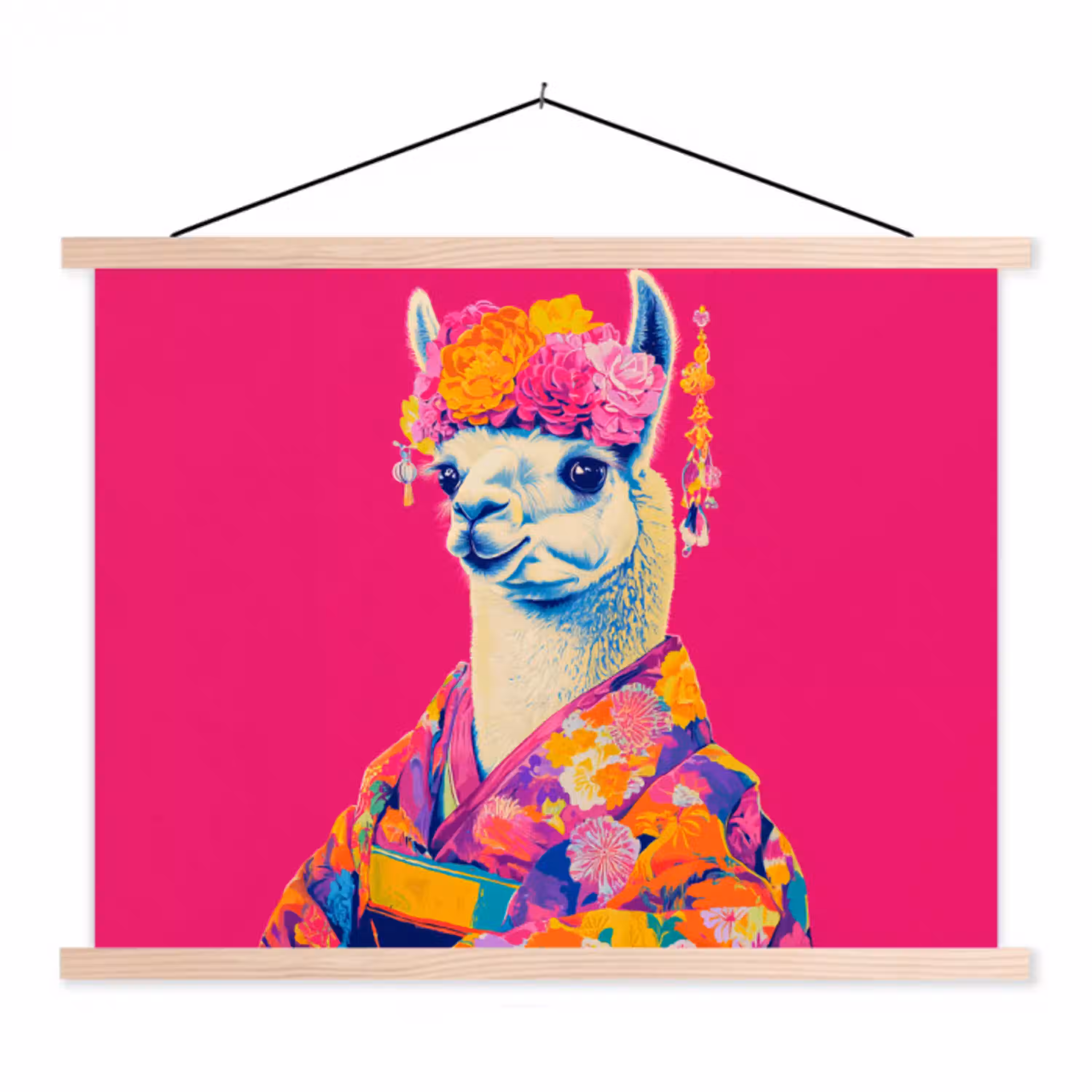 Lama - Kimono - Bloemenkrans - Felroze textielposter latten blank klein -3d