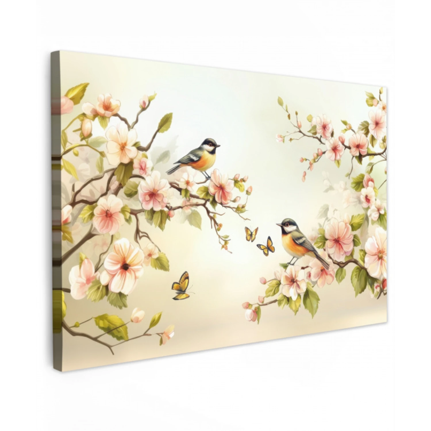 Takken - Bloemen - Vogeltjes - Roze Tuinposter op houten frame 2 cm dik klein -3d