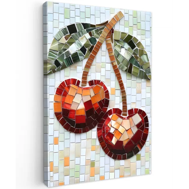 Kersen - Rood - Mozaïek - Blaadjes Tuinposter op houten frame 2 cm dik klein -3d