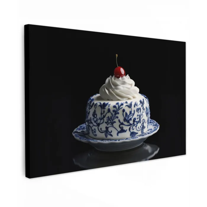 Taart - Slagroom - Kers - Bord - Delfts blauw Tuinposter op houten frame 2 cm dik klein -3d