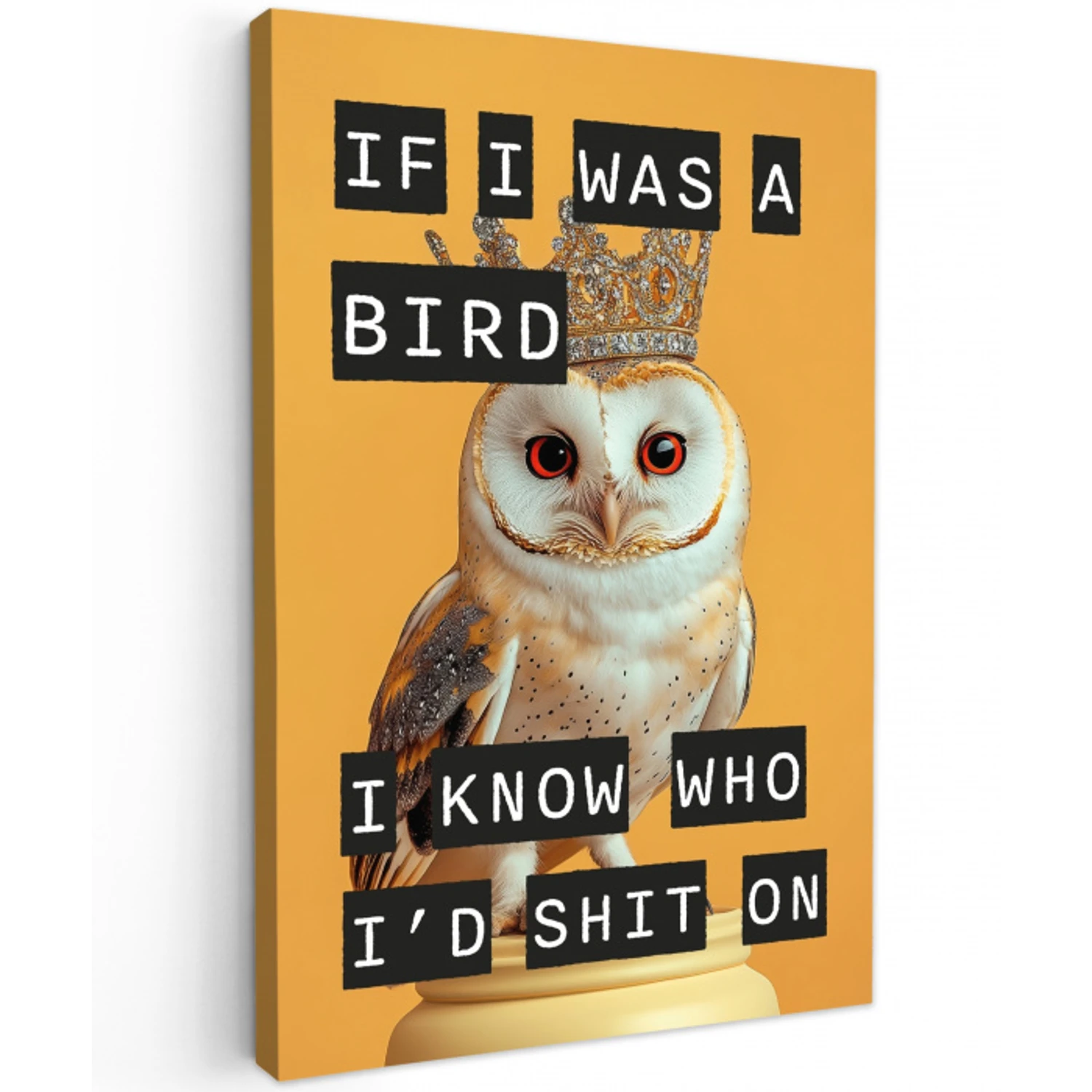 Geel - Uil - Vogel - Decoratie Tuinposter op houten frame 2 cm dik klein -3d