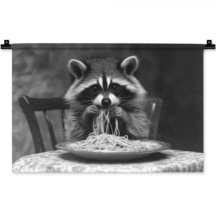 Wasbeer - Cute - Pasta - Tafelkleed - Zwart - Wit Wandkleed katoen klein -zz3d