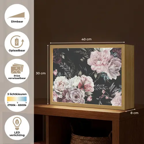 Vintage - Rozen - Romantisch - Bloemen Light Box met batterij (Wandlamp) middel -USP_websiteoverzichtNL
