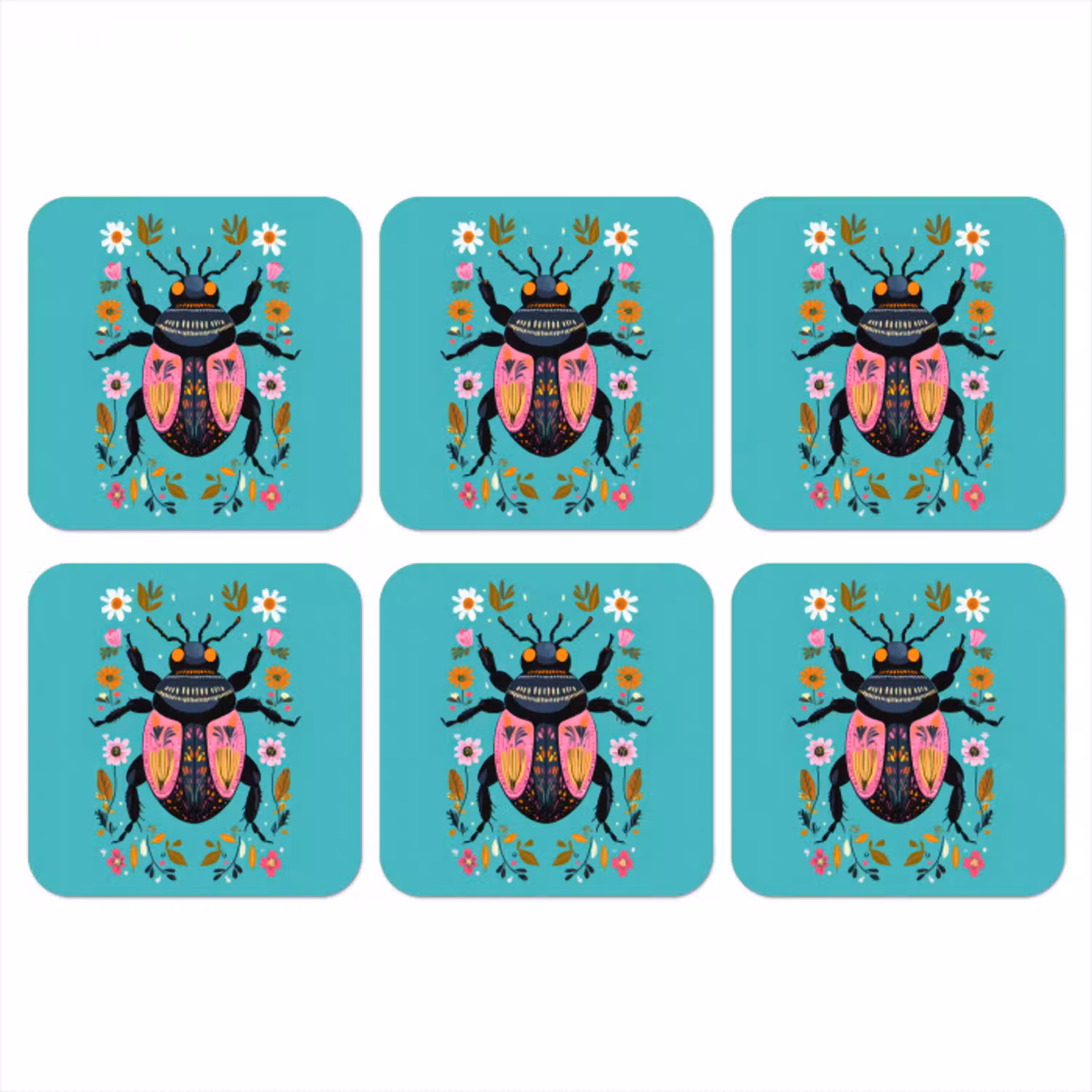 Kever - Bloemmotieven - Turquoise - Bladeren onderzetter kurk middel -3d