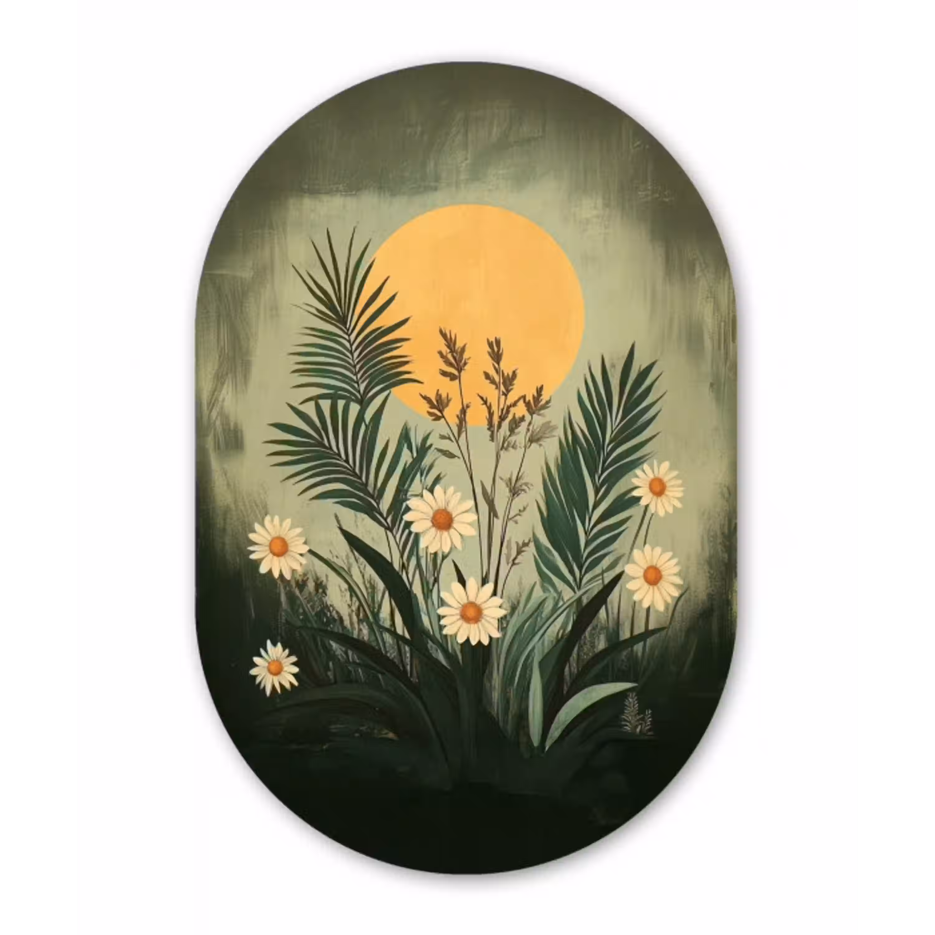 Bloemen - Bladeren - Zon - Groen Wandcirkel Ovaal Aluminium middel -3d