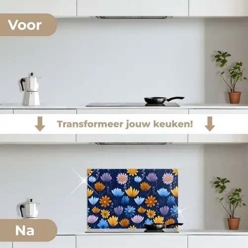Bloemen - Patroon - Blauw - Contrast keuken achterwand spatscherm klein -voor_na_NL
