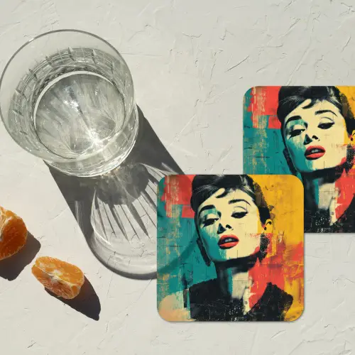 Vrouw - Rode lippen - Expressief - Grafisch onderzetter kurk middel -sfeer4