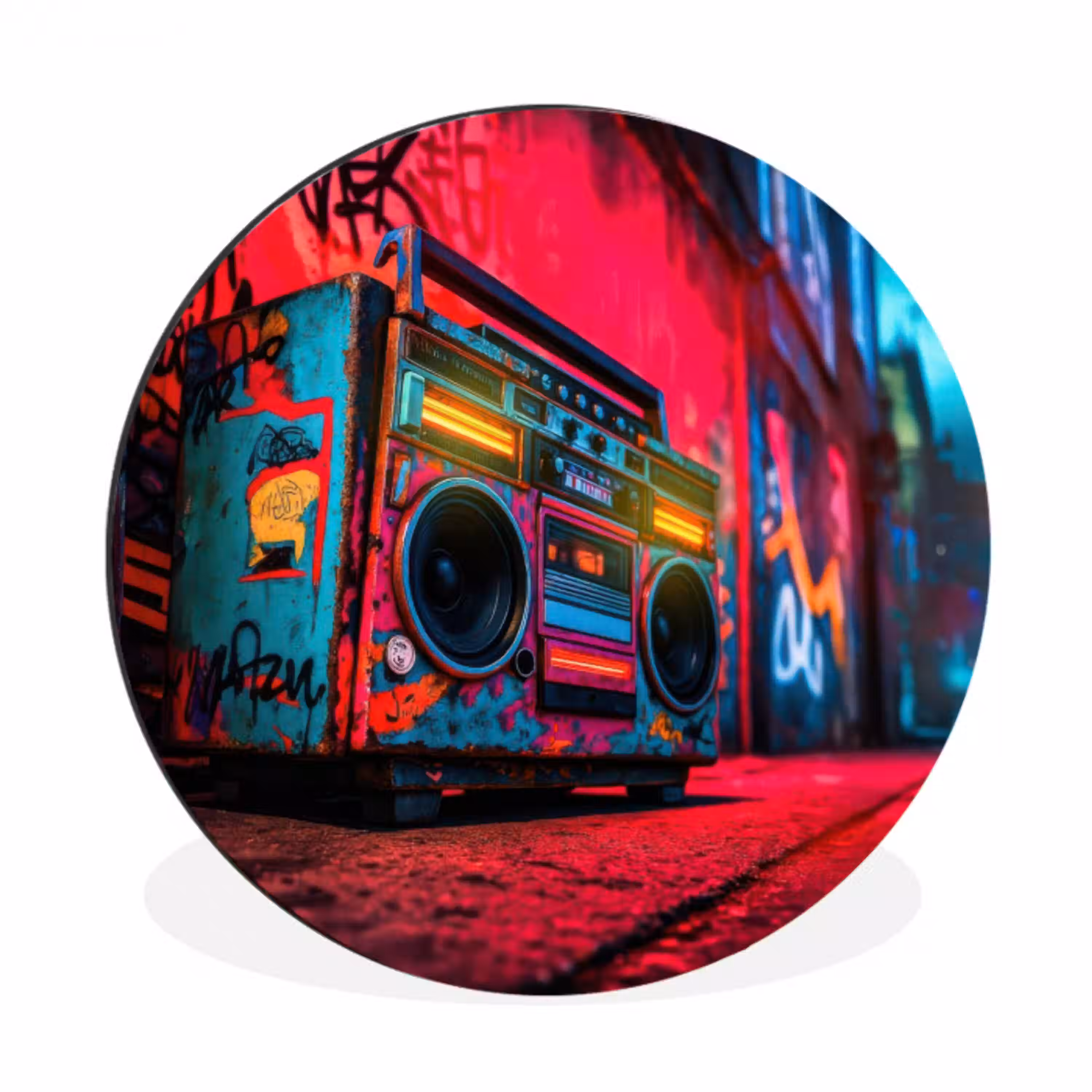 Boombox - Rood - Graffiti - Neon Wandcirkel aluminium klein -3d