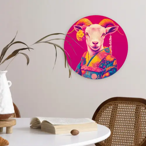 Geit - Hoorns - Kimono - Kleurrijk Wandcirkel plexiglas klein -sfeer4