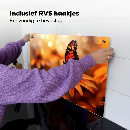 Vlinder - Bloemen - Oranje Inductie beschemer met haakjes klein -ky-ophangen-nl