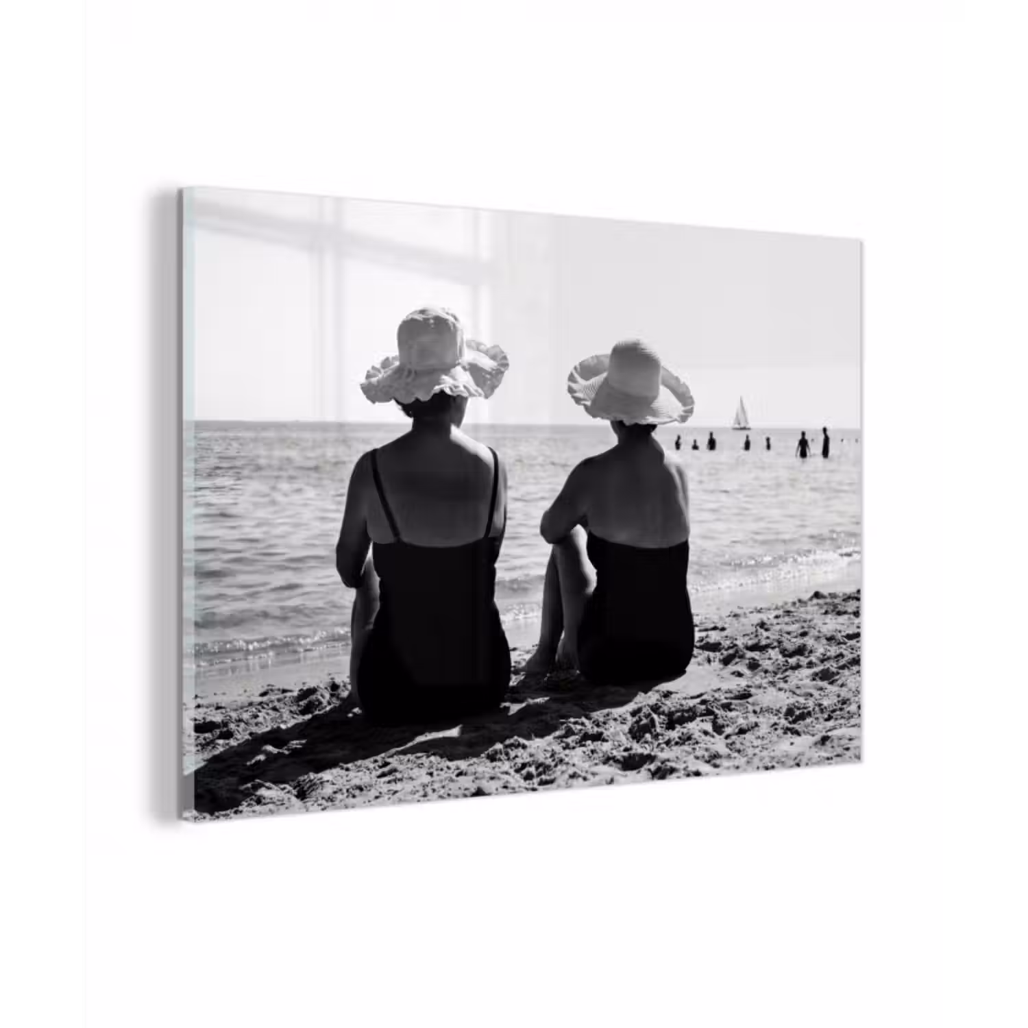 Glas schilderij - Vrouwen - Zonnehoed - Strand - Zwart - Wit