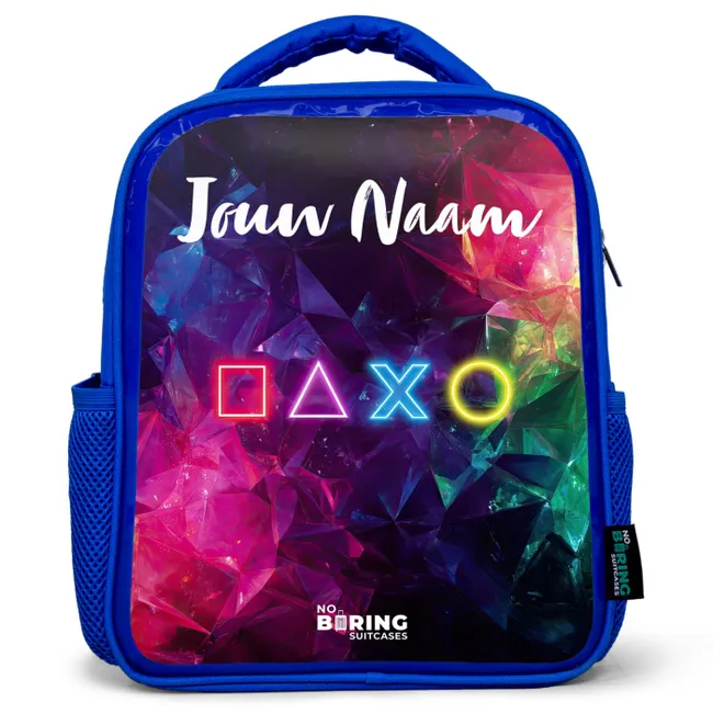Rugzak kind met naam - Blauw Symbolen - Game - Kleurrijk