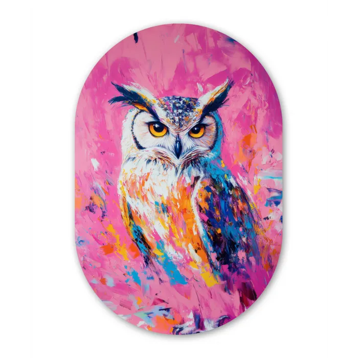 Uil - Roze - Blauw - Verf - Abstract Wandcirkel Ovaal Glas middel -3d