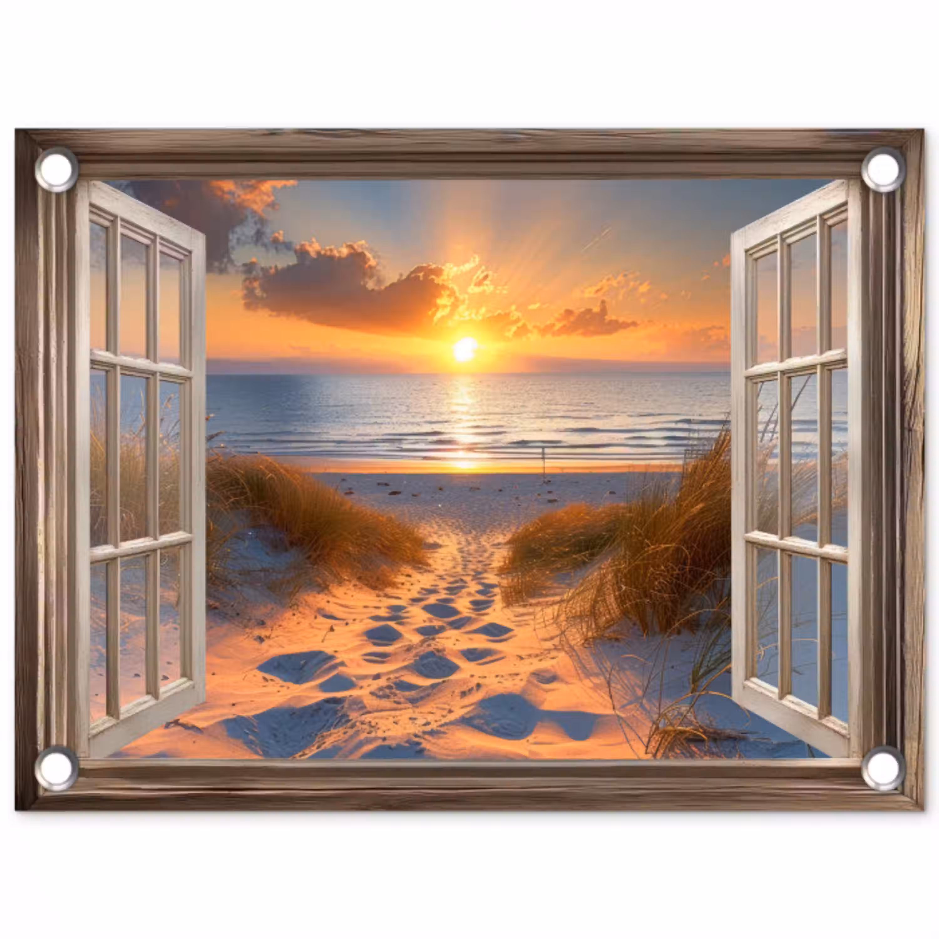 Doorkijk - Strand - Duinen - Zonsondergang tuinposter los doek klein -3d