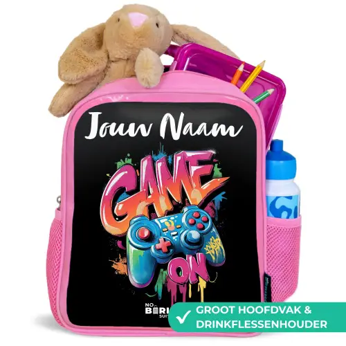 Controller - Game - Graffiti - Tekst Kinderrugzak - Roze middel -inhoud_NL