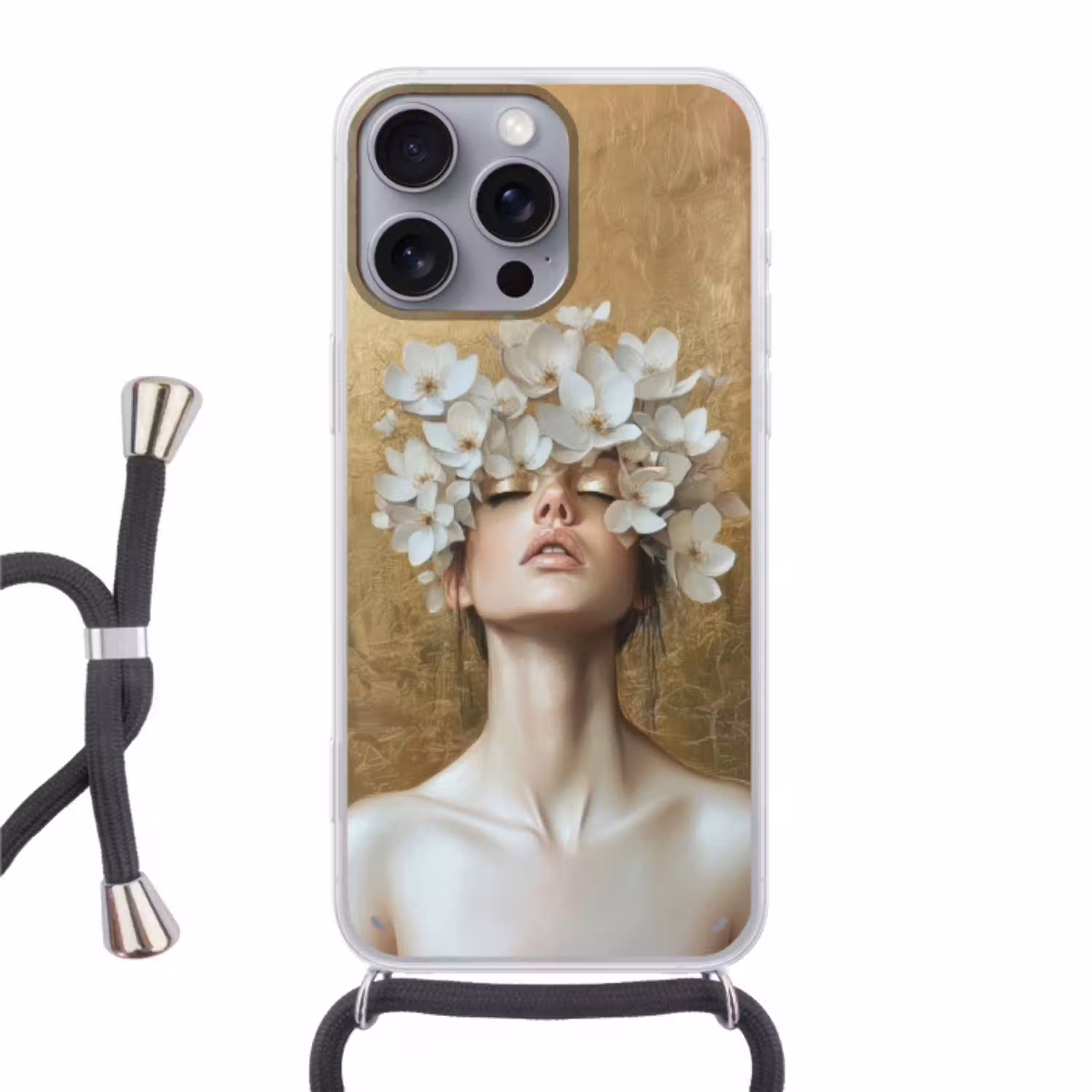 Gezicht - Bloemen - Goud - Abstract Hoesje iPhone 16 Pro Max met koord klein -3d