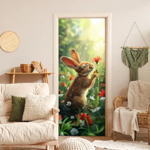 Konijn - Dieren - Bloemen - Natuur deurposter klein -sfeer2