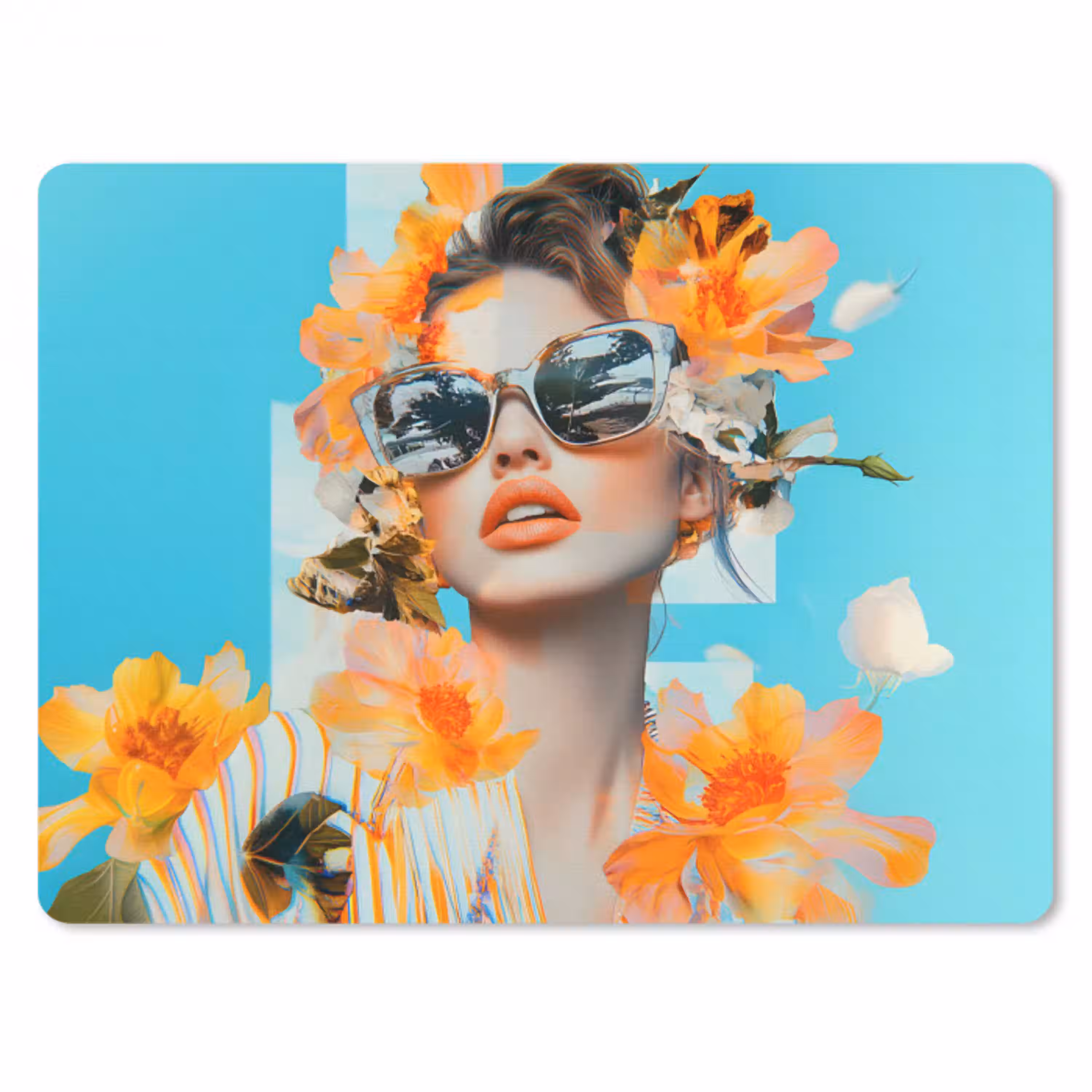 Bloemen - Vrouw - Zonnebril - Blauw muismat rubber klein -3d