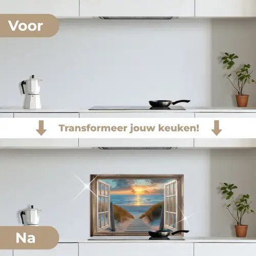 Doorkijk - Strand - Pad - Zonsondergang keuken achterwand spatscherm klein -voor_na_NL