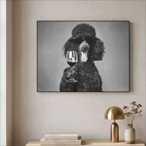 Hond - Krullen - Zonnebril - Wijn Textielframe zwart klein -sfeer2