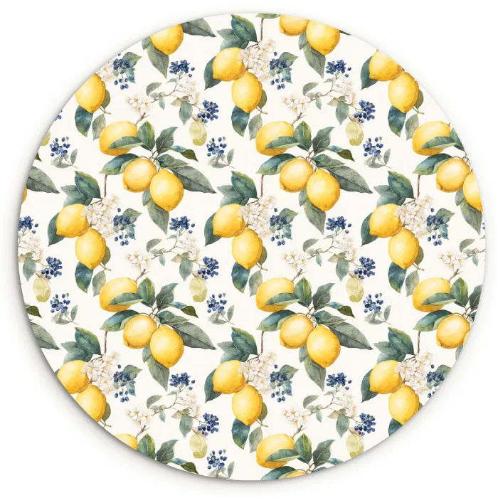 Frans - Citroen -  Citrus - Bloesem - Geel - Groen - Blauw Wandcirkel kunststof plaat 5mm dik klein 188 -3d