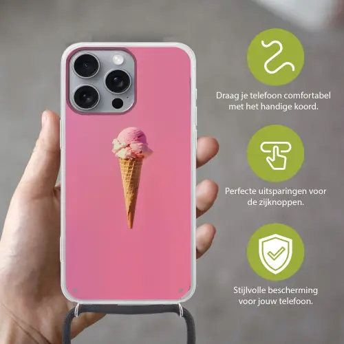 Hoorntje - Schepijs - Roze Hoesje iPhone 16 Pro Max met koord klein -sfeer2_NL