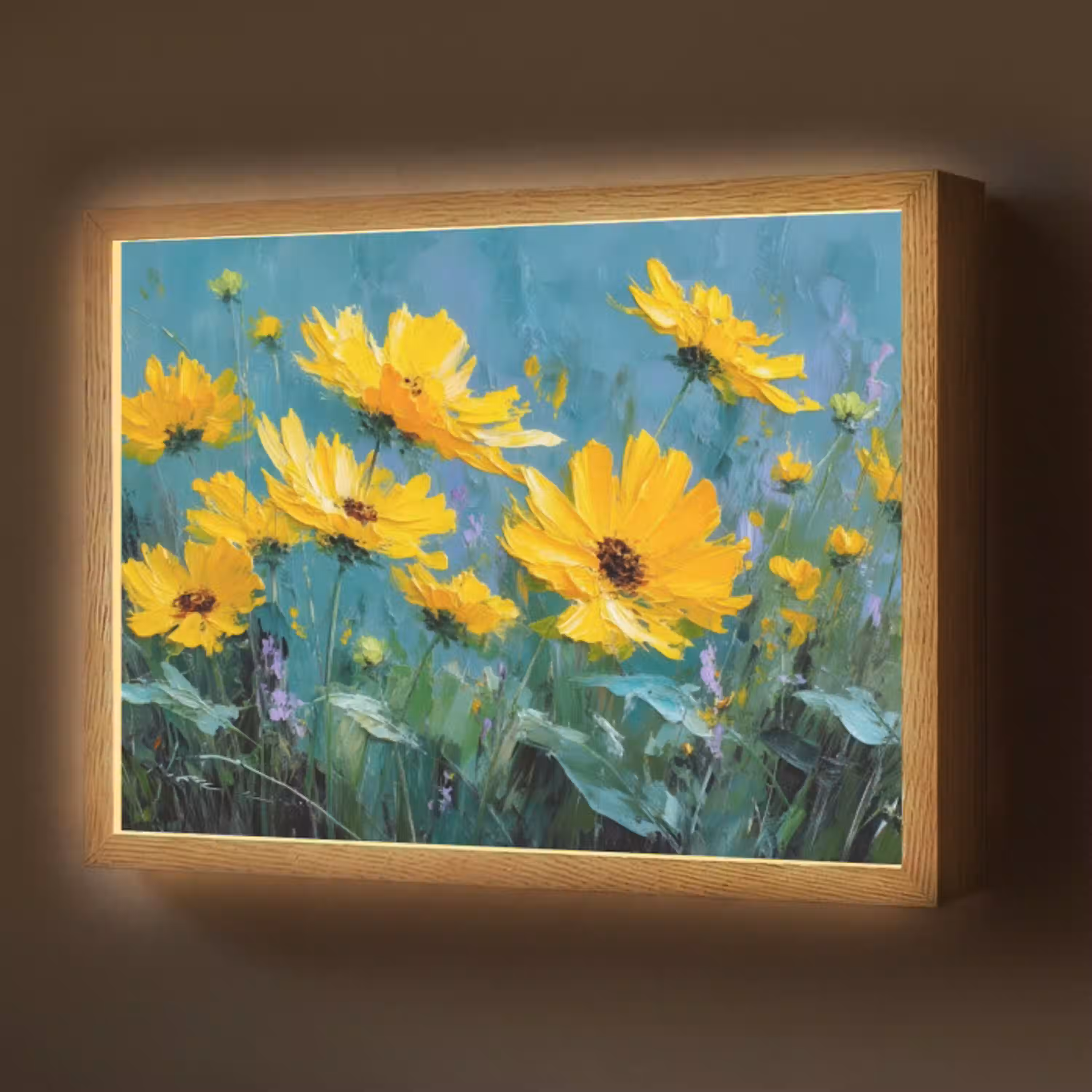 Penseelstreken - Bloemen - Felgeel - Abstract Light Box met batterij (Wandlamp) middel -z3d_website