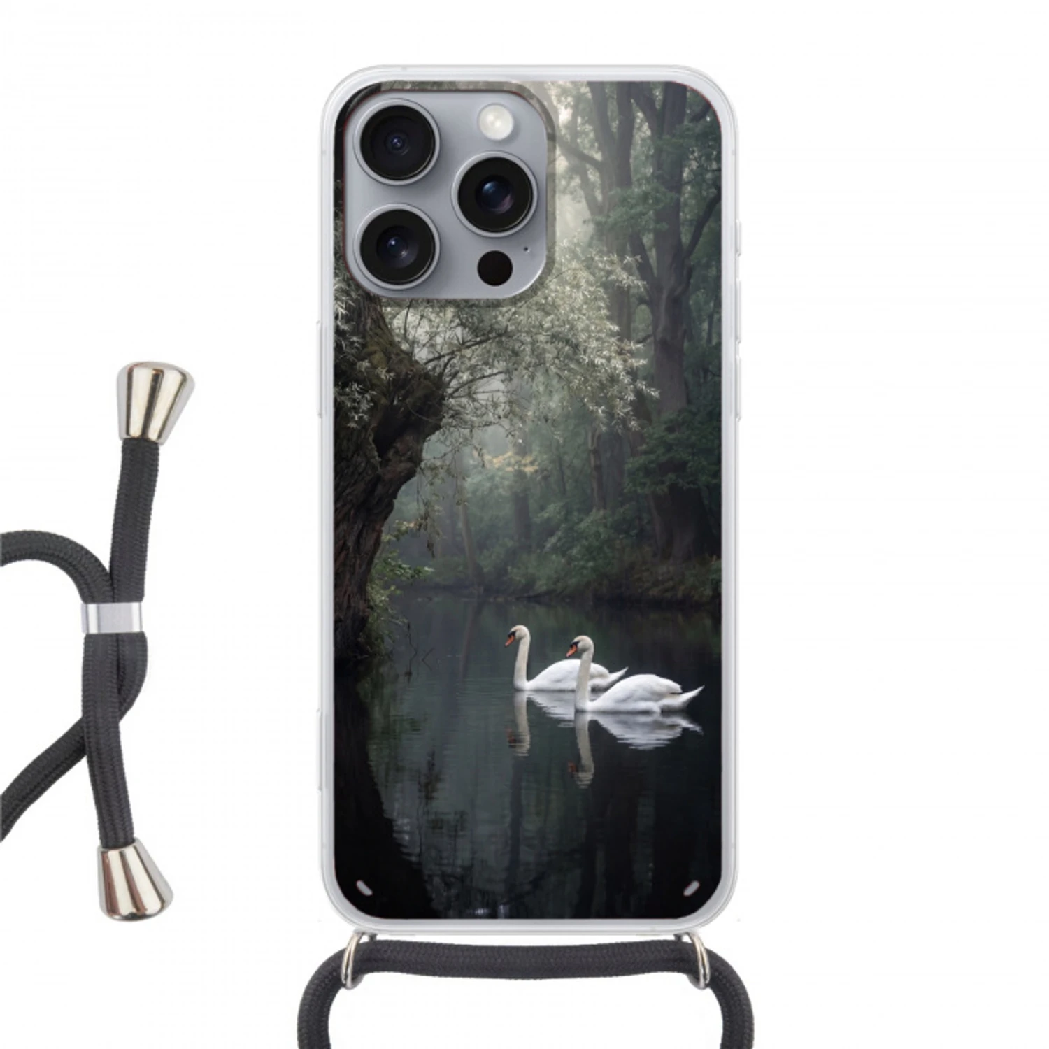 Zwanen - Rivier - Bos Hoesje iPhone 16 Pro Max met koord klein -3d
