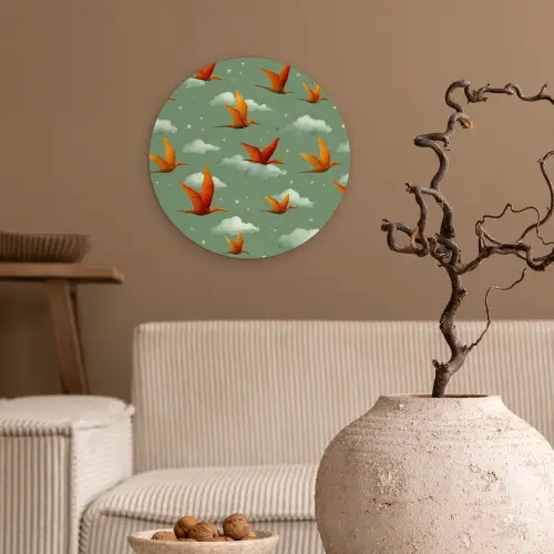 Dinosaurussen - Wolken - Sterren - Oranje Wandcirkel kunststof plaat 5mm dik klein -sfeer1