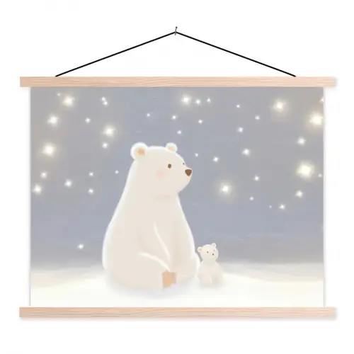 Ijsbeer - Sneeuw - Sterren - Blauw textielposter latten blank klein -3d