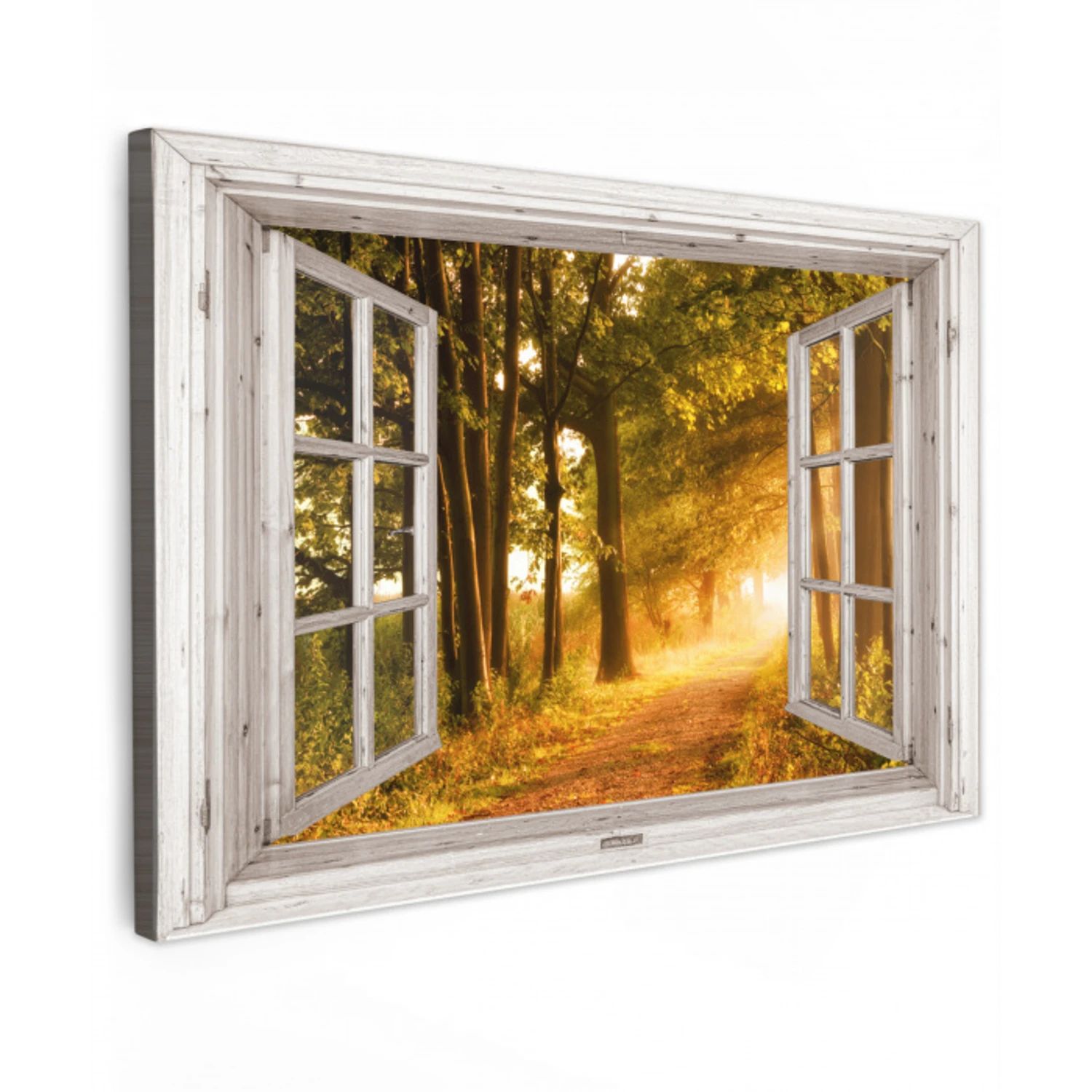 Bos - Bomen - Zonlicht - Herfst - Bospad - Natuur - Doorkijk Tuinposter op houten frame 2 cm dik klein -3d