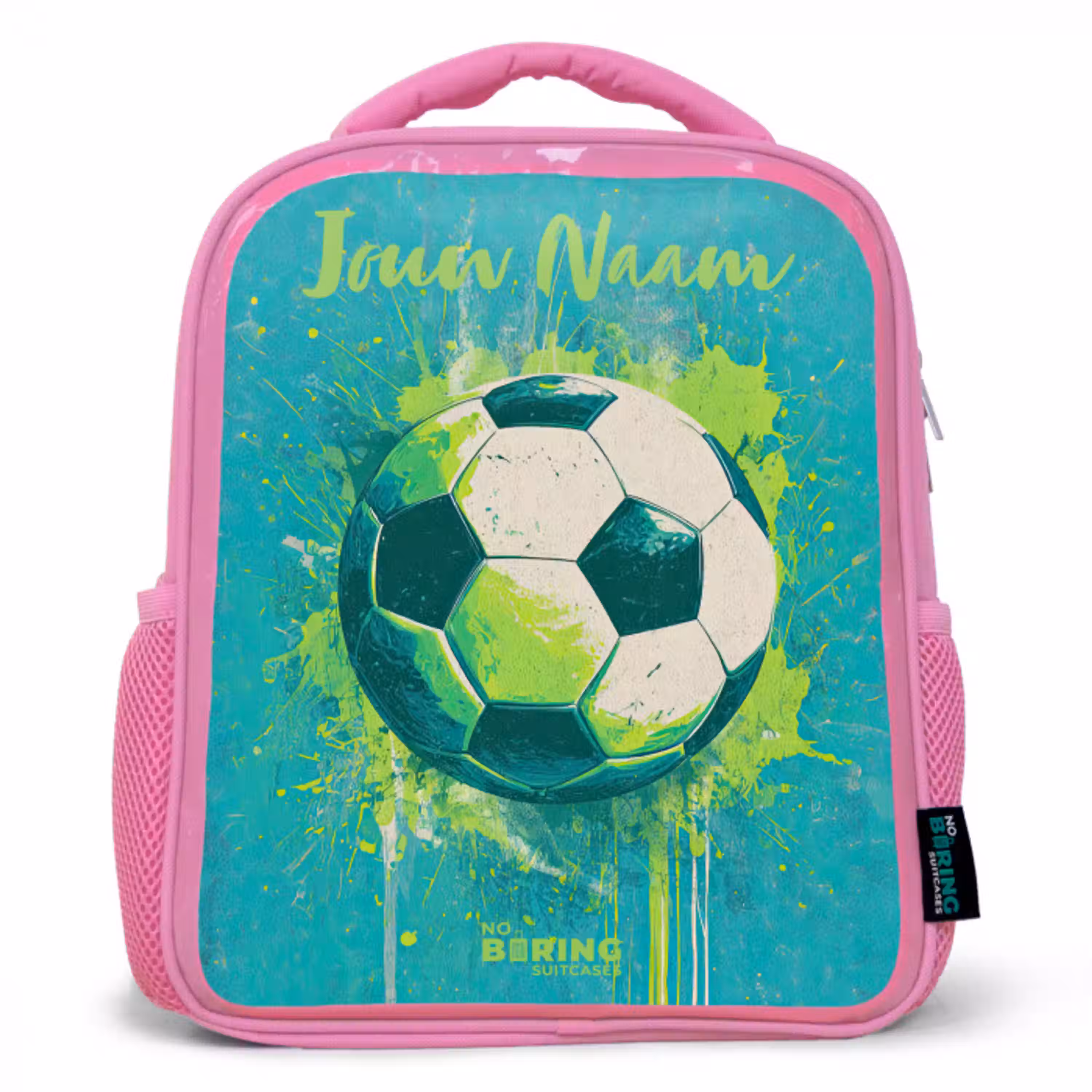 Voetbalvibes - Verfspatten - Groen - Blauw Kinderrugzak - Roze middel -3d