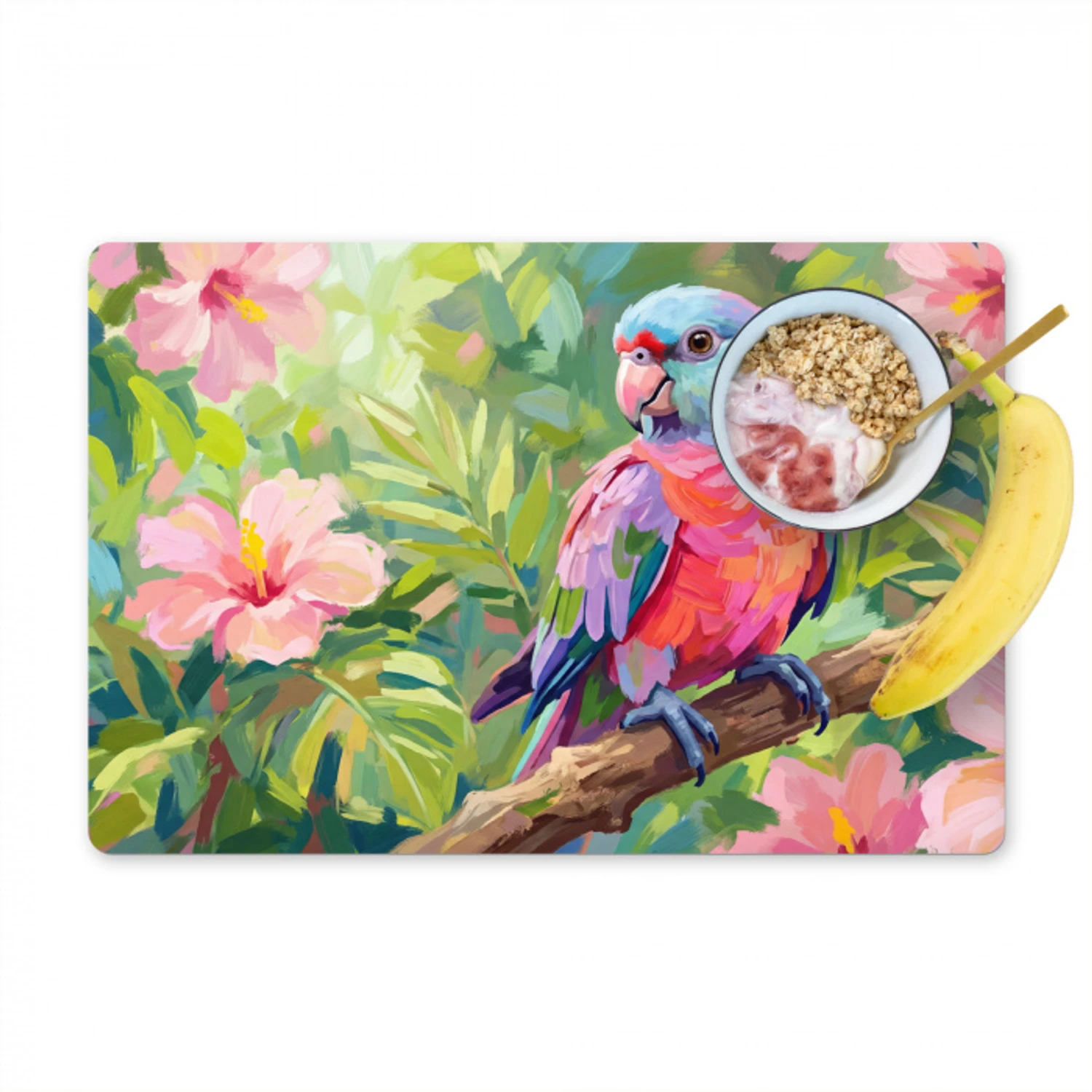 Papagaai - Hibiscusbloemen - Kleurrijk Placemat vinyl groot -zzzproduct_Kitchenyeah-website