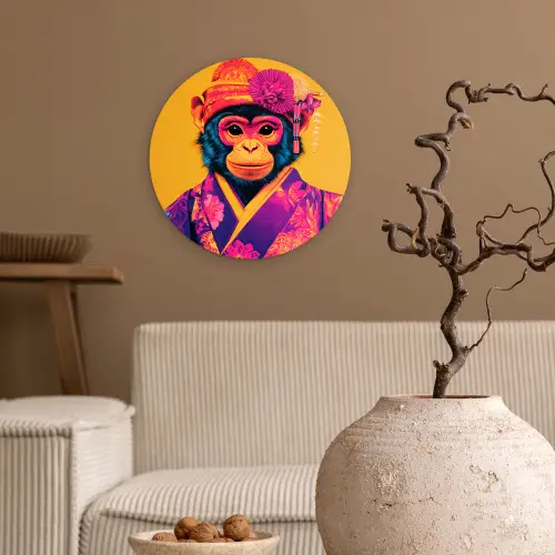 Aap - Kimono - Bloemen - Hoofdtooi Wandcirkel plexiglas klein -sfeer1