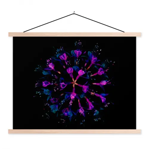 Bloem - Paars - Blauw - Macro - Zwart textielposter latten blank klein -3d