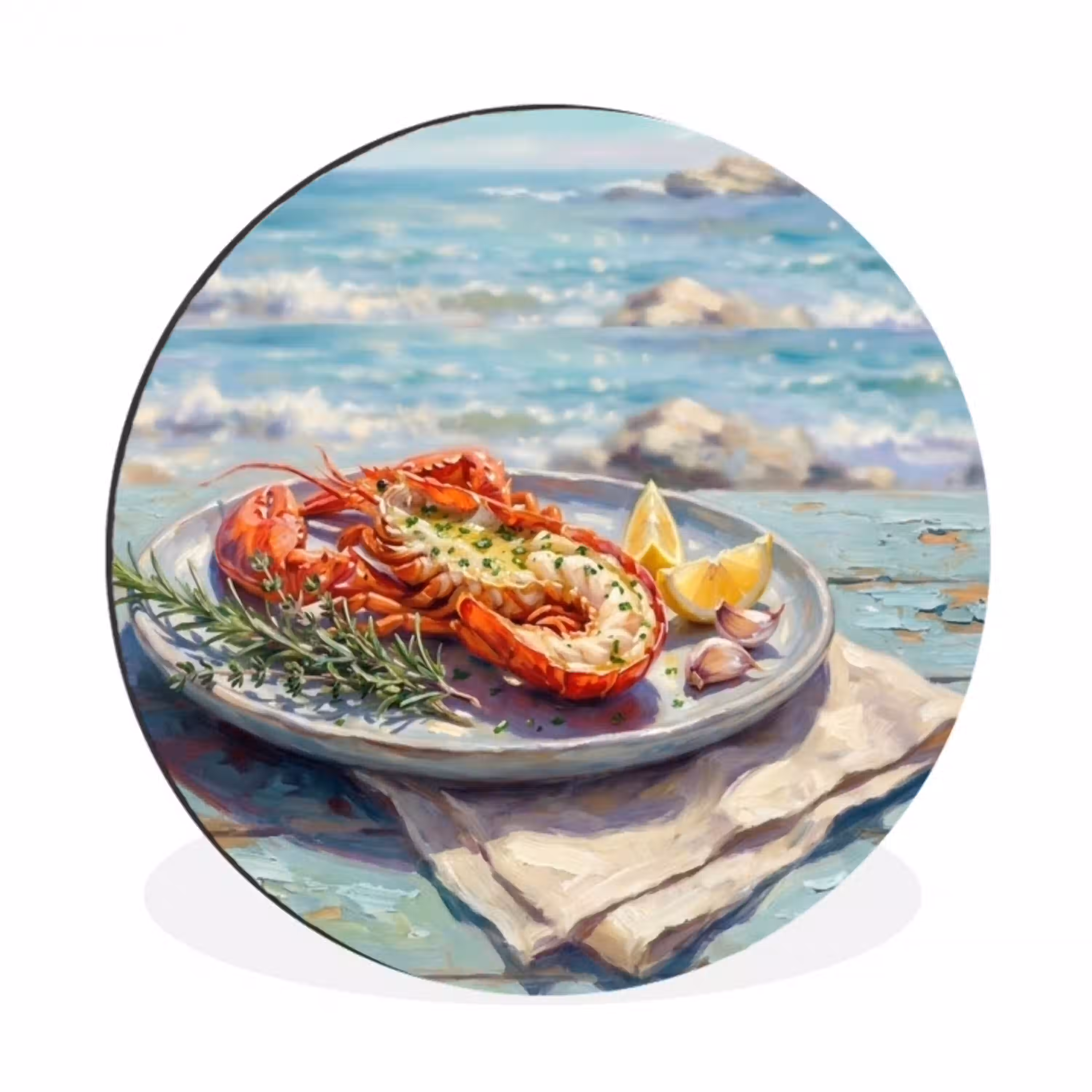 Eten - Zee - Kust - Modern - Blauw Wandcirkel aluminium klein -3d