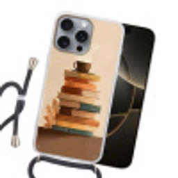 Boeken - Toren - Koffie - Beige Hoesje iPhone 16 Pro Max met koord klein -sfeer1