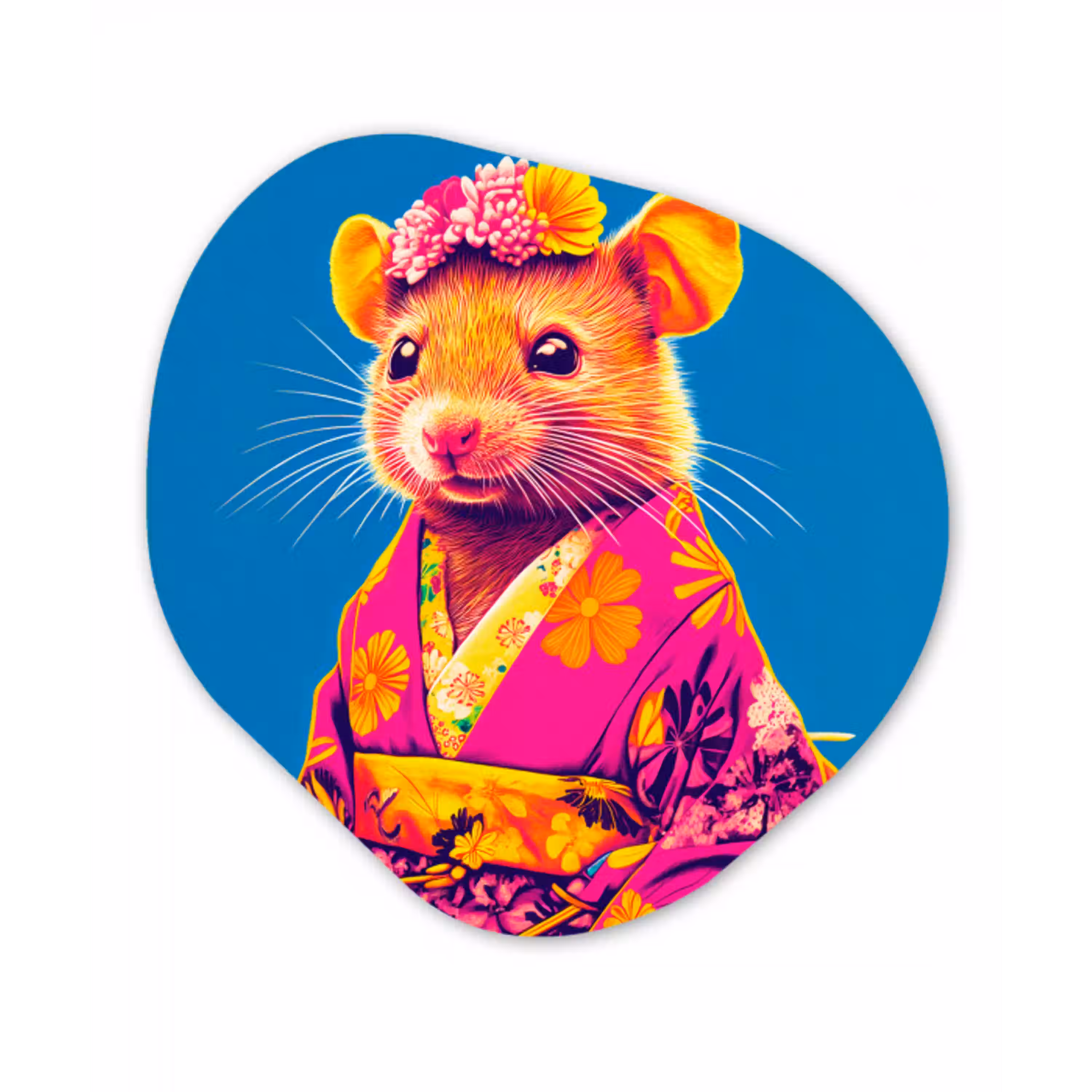 Muis - Kimono - Bloemen - Blauw Wandcirkel Organisch Forex 3mm klein -3d