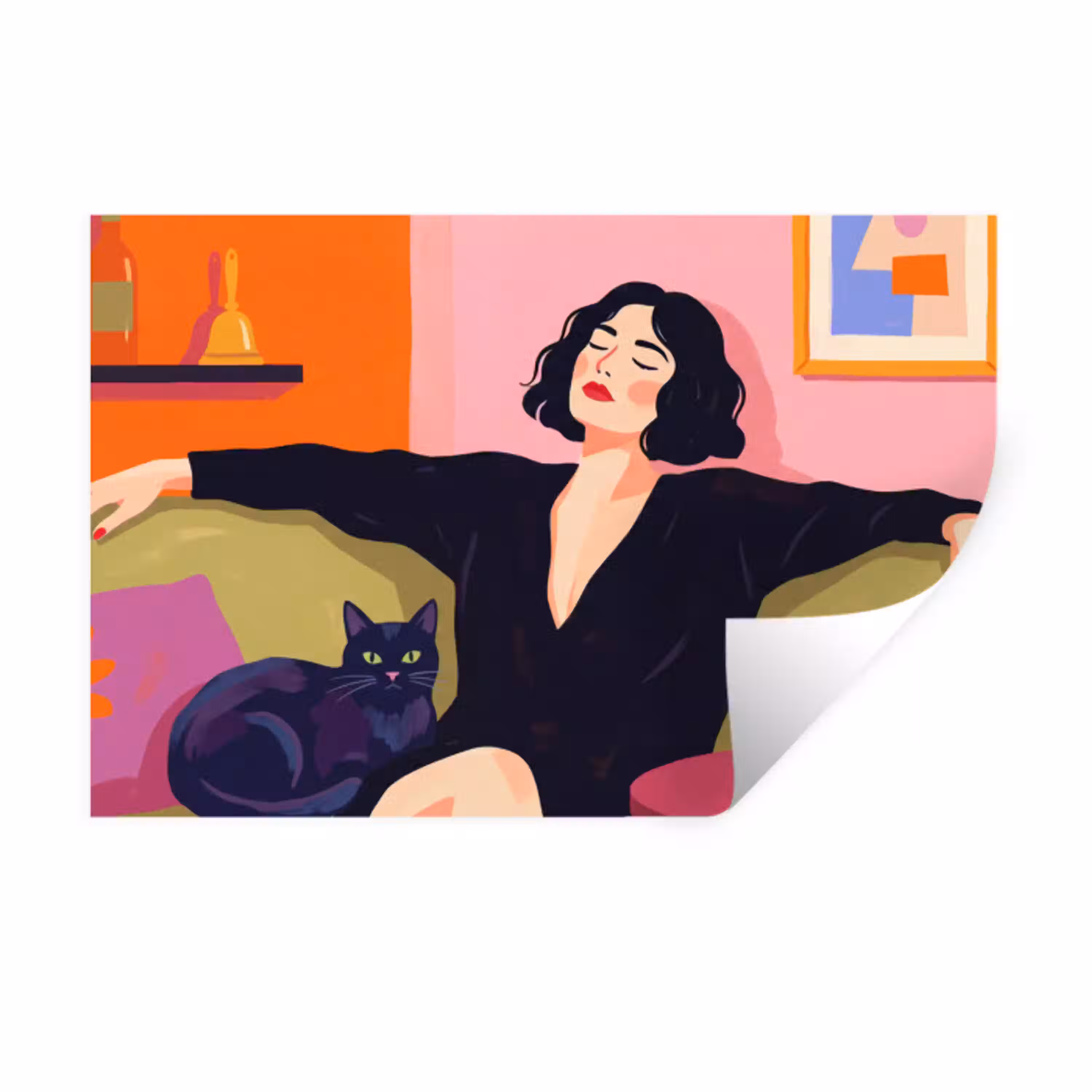 Vrouw - Kat - Interieur - Modern - Kleurrijk Muursticker klein -3d