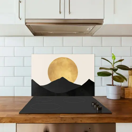 Bergsilhouetten - Gouden cirkel - Beige keuken achterwand spatscherm klein -sfeer2