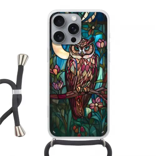Uil - Mozaïek - Maan - Nacht Hoesje iPhone 16 Pro Max met koord klein -3d