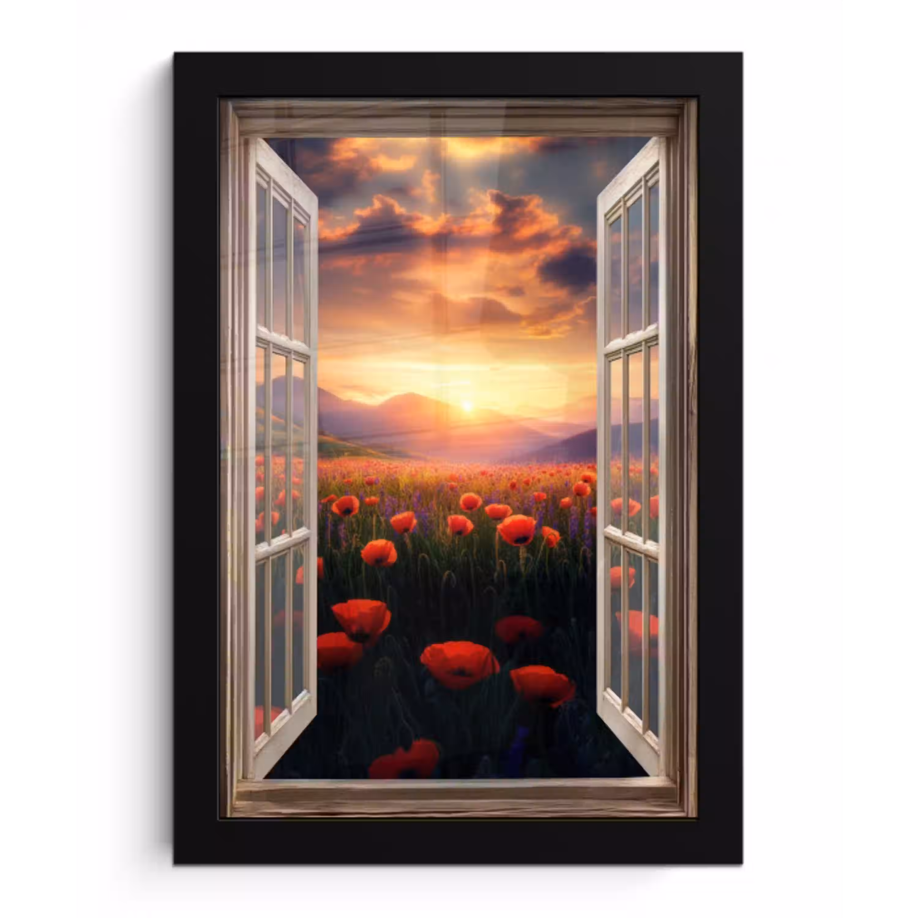 Doorkijk - Klaprozen - Bloemen - Rood - Open raam fotolijst zwart zonder passe partout klein -3d