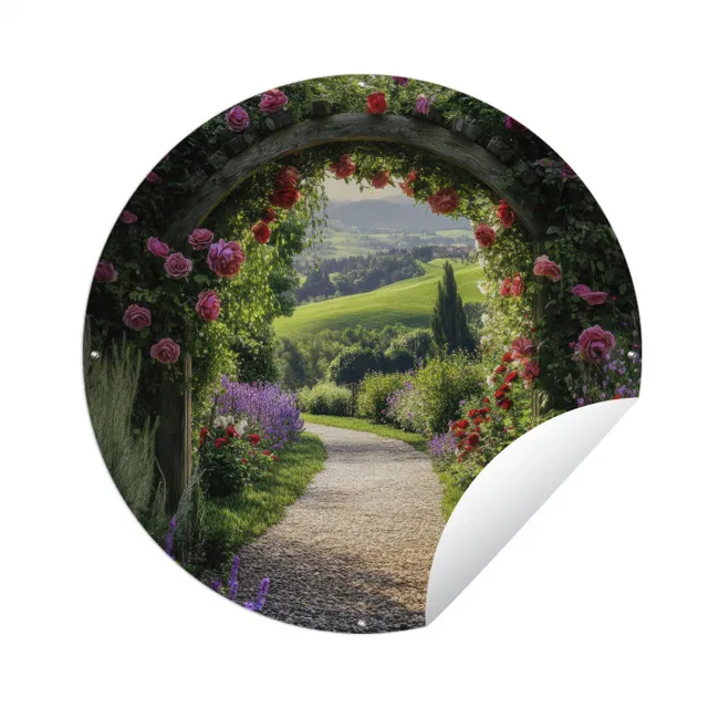 Tuinposter - Doorkijk - Tuinboog - Bloemen - Natuur - Pad