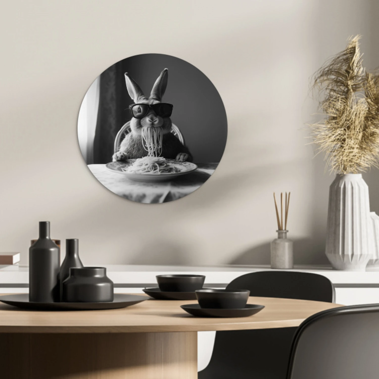 Konijn - Bunny - Zonnebril - Tafelkleed - Pasta - Schattig KitchenYeah - Keuken - Wandcirkel Forex klein -sfeer2